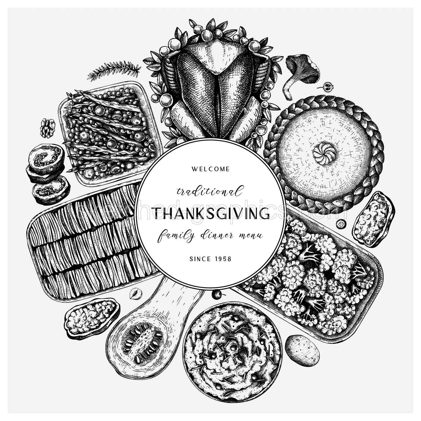 Thanksgiving day dinner menu round design. With roasted turkey, cooked vegetables, rolled meat, baking cakes and pies sketches. Vintage autumn food wreath. Vector Thanksgiving day background. Illustration